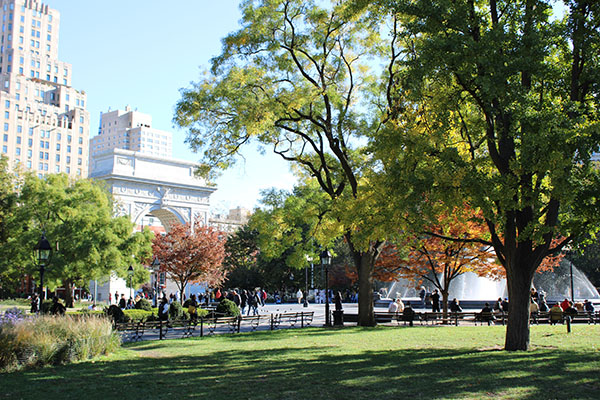 纽约大学校园一景,位于曼哈顿格林威治村的华盛顿广场公园,远处可见标志性凯旋门,阳光明媚,学生和游客在草地和喷泉周围休闲,展示柯朗数学、计算与数据科学学院所处的地理环境与人文氛围。