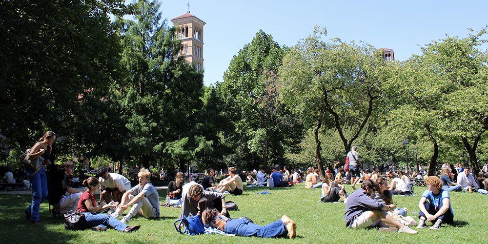 纽约大学华盛顿广场校园绿地风景,学生在阳光明媚的校园草坪上交流、学习与休闲,展现NYU Courant的开放学术环境与活力氛围。